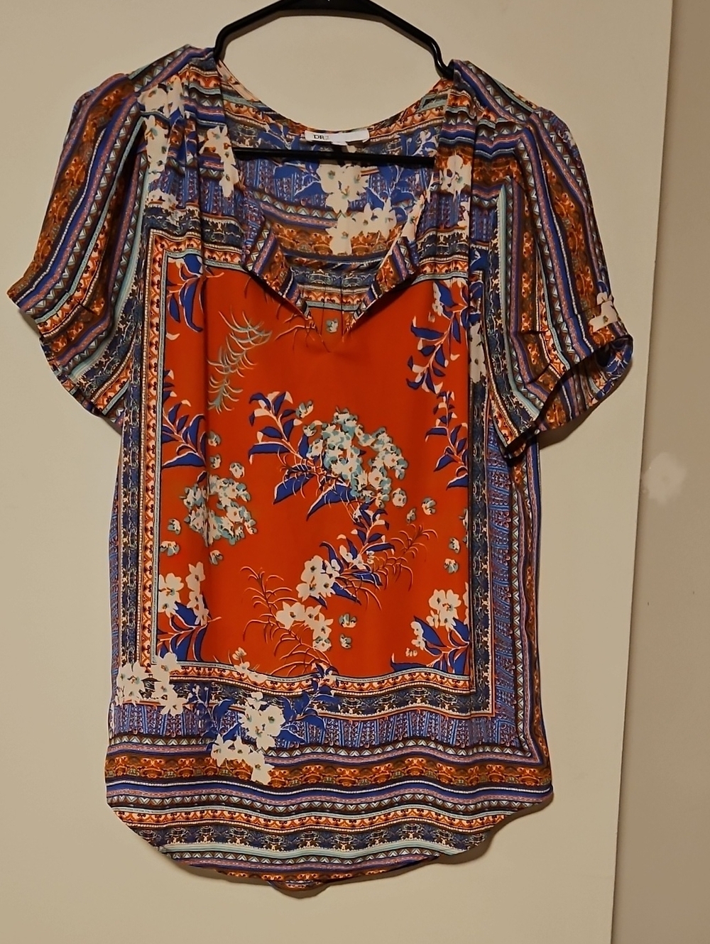 DR2 Orange and Blue Floral Border Short Sleeve Blouse